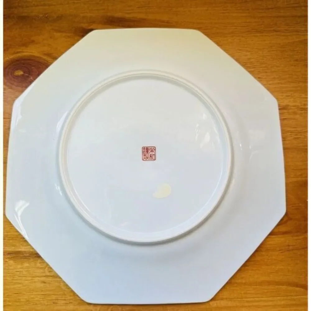 Vintage Octagon‎ Green Dinner Plate Peonies Bird AA Importing Co Made In Japan